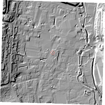 Shaded relief map of the ground around DA11AY, computed from Environment Agency LiDAR. The ground here sits at about 6 m above sea level and falls 20 m across the surrounding 800 m. Surface water reaching this point runs off ground lying to the west-south-west, 18.1 m higher.