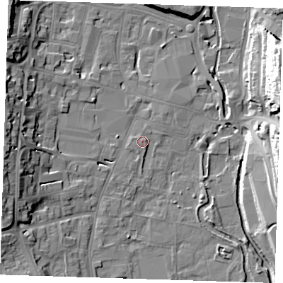 Shaded relief map of the ground around DA11AZ, computed from Environment Agency LiDAR. The ground here sits at about 6 m above sea level and falls 27 m across the surrounding 800 m. Surface water reaching this point runs off ground lying to the south-south-west, 2.8 m higher.