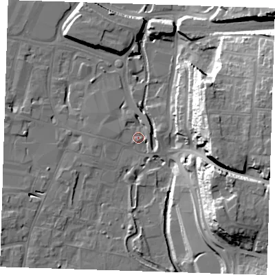 Shaded relief map of the ground around DA11BB, computed from Environment Agency LiDAR. The ground here sits at about 5 m above sea level and falls 31 m across the surrounding 800 m. Surface water reaching this point runs off ground lying to the east-north-east, 4.2 m higher.