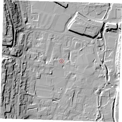 Shaded relief map of the ground around DA11BD, computed from Environment Agency LiDAR. The ground here sits at about 5 m above sea level and falls 24 m across the surrounding 800 m. Surface water reaching this point runs off ground lying to the west-south-west, 22.1 m higher.