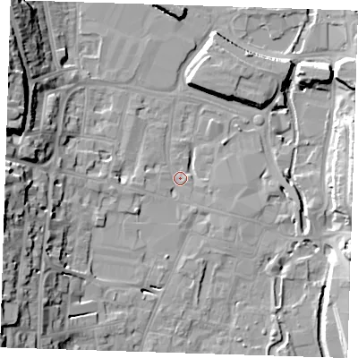 Shaded relief map of the ground around DA11BE, computed from Environment Agency LiDAR. The ground here sits at about 5 m above sea level and falls 22 m across the surrounding 800 m. Surface water reaching this point runs off ground lying to the west-south-west, 19.9 m higher.