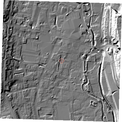 Shaded relief map of the ground around DA11BF, computed from Environment Agency LiDAR. The ground here sits at about 5 m above sea level and falls 28 m across the surrounding 800 m. Surface water reaching this point runs off ground lying to the south-south-west, 2.8 m higher.