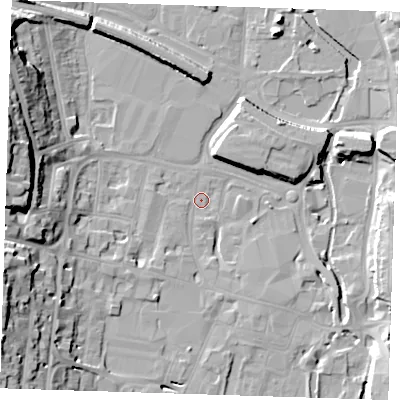 Shaded relief map of the ground around DA11BG, computed from Environment Agency LiDAR. The ground here sits at about 4 m above sea level and falls 24 m across the surrounding 800 m. Surface water reaching this point runs off ground lying to the south-west, 22.4 m higher.