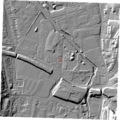 Shaded relief map of the ground around DA11BN, computed from Environment Agency LiDAR. The ground here sits at about 4 m above sea level and falls 28 m across the surrounding 800 m. Surface water reaching this point runs off ground lying to the east-north-east, 6.2 m higher.