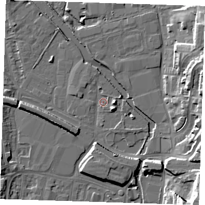 Shaded relief map of the ground around DA11BQ, computed from Environment Agency LiDAR. The ground here sits at about 4 m above sea level and falls 24 m across the surrounding 800 m. Surface water reaching this point runs off ground lying to the east, 6.2 m higher.