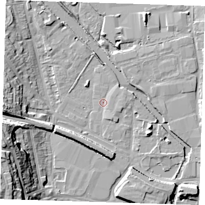 Shaded relief map of the ground around DA11BT, computed from Environment Agency LiDAR. The ground here sits at about 4 m above sea level and falls 25 m across the surrounding 800 m. Surface water reaching this point runs off ground lying to the south-south-east, 8.0 m higher.