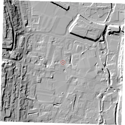 Shaded relief map of the ground around DA11BX, computed from Environment Agency LiDAR. The ground here sits at about 5 m above sea level and falls 24 m across the surrounding 800 m. Surface water reaching this point runs off ground lying to the west-south-west, 22.1 m higher.