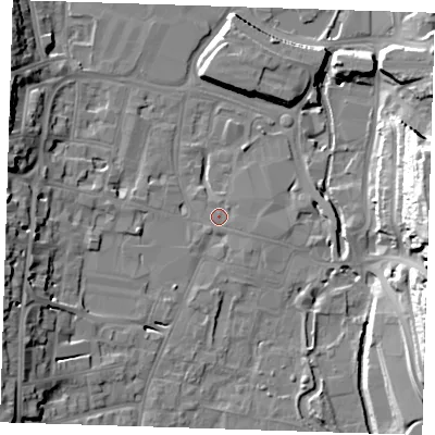 Shaded relief map of the ground around DA11BY, computed from Environment Agency LiDAR. The ground here sits at about 5 m above sea level and falls 28 m across the surrounding 800 m. Surface water reaching this point runs off ground lying to the west-south-west, 15.3 m higher.