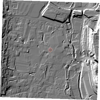 Shaded relief map of the ground around DA11BZ, computed from Environment Agency LiDAR. The ground here sits at about 6 m above sea level and falls 31 m across the surrounding 800 m. Surface water reaching this point runs off ground lying to the east, 0.6 m higher.