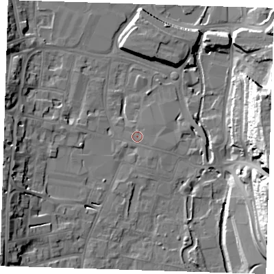 Shaded relief map of the ground around DA11DA, computed from Environment Agency LiDAR. The ground here sits at about 6 m above sea level and falls 29 m across the surrounding 800 m. Surface water reaching this point runs off ground lying to the west-south-west, 13.5 m higher.