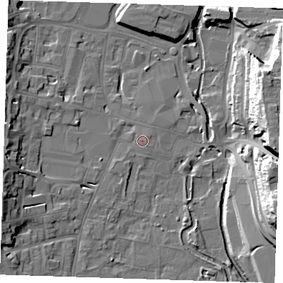 Shaded relief map of the ground around DA11DB, computed from Environment Agency LiDAR. The ground here sits at about 6 m above sea level and falls 31 m across the surrounding 800 m. The ground contributing surface water to this point lies to the north-east.