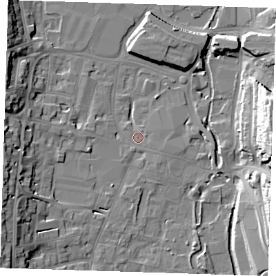 Shaded relief map of the ground around DA11DD, computed from Environment Agency LiDAR. The ground here sits at about 5 m above sea level and falls 28 m across the surrounding 800 m. Surface water reaching this point runs off ground lying to the west-south-west, 15.3 m higher.
