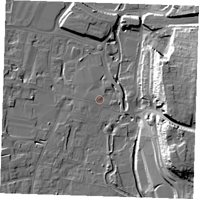 Shaded relief map of the ground around DA11DE, computed from Environment Agency LiDAR. The ground here sits at about 6 m above sea level and falls 31 m across the surrounding 800 m. Surface water reaching this point runs off ground lying to the west-south-west, 2.6 m higher.