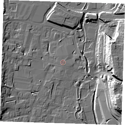 Shaded relief map of the ground around DA11DG, computed from Environment Agency LiDAR. The ground here sits at about 6 m above sea level and falls 31 m across the surrounding 800 m. Surface water reaching this point runs off ground lying to the south-south-west, 0.6 m higher.
