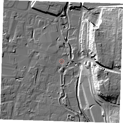 Shaded relief map of the ground around DA11DJ, computed from Environment Agency LiDAR. The ground here sits at about 5 m above sea level and falls 31 m across the surrounding 800 m. Surface water reaching this point runs off ground lying to the east, 28.5 m higher.