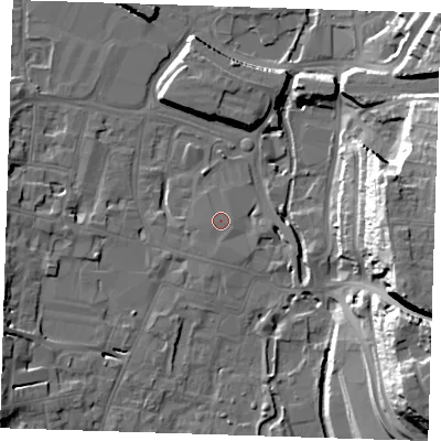 Shaded relief map of the ground around DA11DN, computed from Environment Agency LiDAR. The ground here sits at about 6 m above sea level and falls 31 m across the surrounding 800 m. Surface water reaching this point runs off ground lying to the south-south-west, 0.7 m higher.