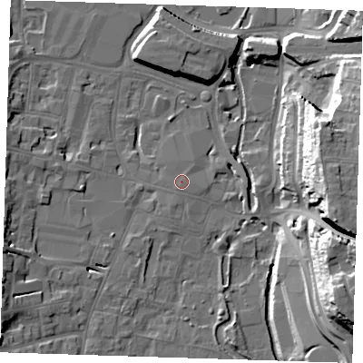 Shaded relief map of the ground around DA11DQ, computed from Environment Agency LiDAR. The ground here sits at about 6 m above sea level and falls 31 m across the surrounding 800 m. Surface water reaching this point runs off ground lying to the south-west, 0.6 m higher.