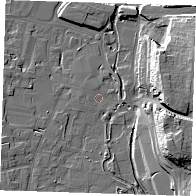 Shaded relief map of the ground around DA11DS, computed from Environment Agency LiDAR. The ground here sits at about 5 m above sea level and falls 31 m across the surrounding 800 m. Surface water reaching this point runs off ground lying to the west, 2.6 m higher.
