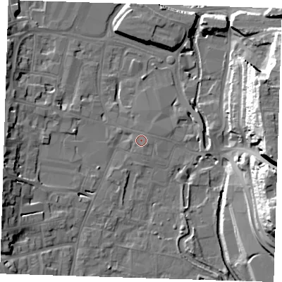 Shaded relief map of the ground around DA11DT, computed from Environment Agency LiDAR. The ground here sits at about 6 m above sea level and falls 31 m across the surrounding 800 m. Surface water reaching this point runs off ground lying to the south-south-east, 0.7 m higher.