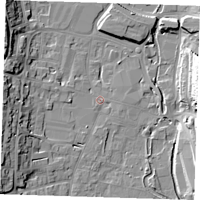 Shaded relief map of the ground around DA11DU, computed from Environment Agency LiDAR. The ground here sits at about 6 m above sea level and falls 25 m across the surrounding 800 m. Surface water reaching this point runs off ground lying to the west-south-west, 17.9 m higher.