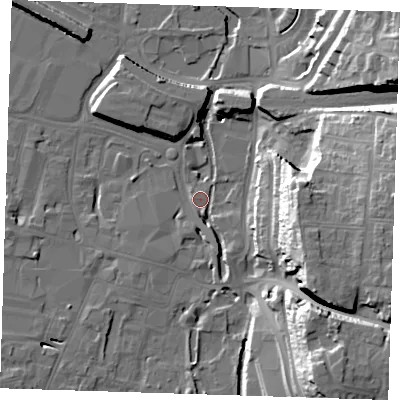 Shaded relief map of the ground around DA11DX, computed from Environment Agency LiDAR. The ground here sits at about 5 m above sea level and falls 31 m across the surrounding 800 m. Surface water reaching this point runs off ground lying to the east-south-east, 29.1 m higher.