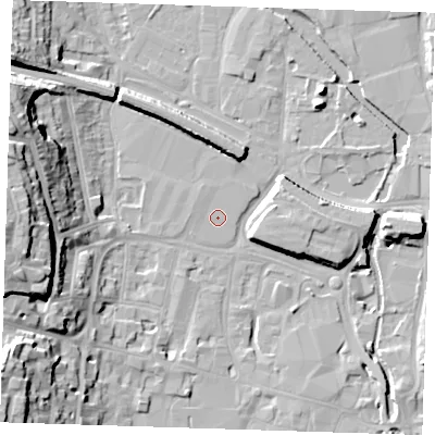 Shaded relief map of the ground around DA11DY, computed from Environment Agency LiDAR. The ground here sits at about 5 m above sea level and falls 25 m across the surrounding 800 m. Surface water reaching this point runs off ground lying to the north-north-west, 6.8 m higher.