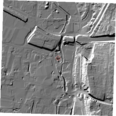 Shaded relief map of the ground around DA11DZ, computed from Environment Agency LiDAR. The ground here sits at about 4 m above sea level and falls 30 m across the surrounding 800 m. Surface water reaching this point runs off ground lying to the east-south-east, 29.1 m higher.