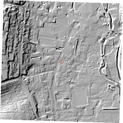 Shaded relief map of the ground around DA11EA, computed from Environment Agency LiDAR. The ground here sits at about 5 m above sea level and falls 22 m across the surrounding 800 m. Surface water reaching this point runs off ground lying to the west-north-west, 19.0 m higher.