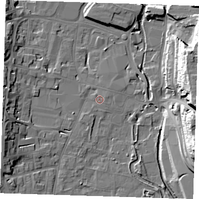 Shaded relief map of the ground around DA11EB, computed from Environment Agency LiDAR. The ground here sits at about 6 m above sea level and falls 30 m across the surrounding 800 m. Surface water reaching this point runs off ground lying to the east-south-east, 0.7 m higher.