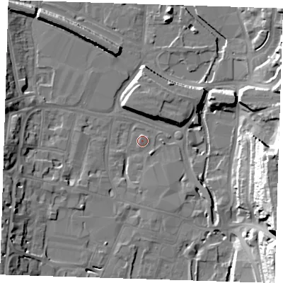 Shaded relief map of the ground around DA11ED, computed from Environment Agency LiDAR. The ground here sits at about 5 m above sea level and falls 29 m across the surrounding 800 m. Surface water reaching this point runs off ground lying to the east-south-east, 28.5 m higher.