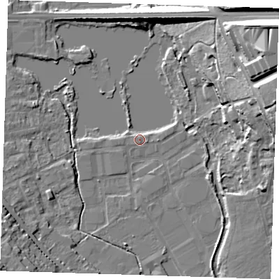 Shaded relief map of the ground around DA11EF, computed from Environment Agency LiDAR. The ground here sits at about 8 m above sea level and falls 32 m across the surrounding 800 m. Surface water reaching this point runs off ground lying to the east, 2.9 m higher.