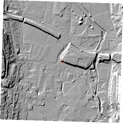 Shaded relief map of the ground around DA11EG, computed from Environment Agency LiDAR. The ground here sits at about 7 m above sea level and falls 22 m across the surrounding 800 m. Surface water reaching this point runs off ground lying to the east-south-east, 22.3 m higher.