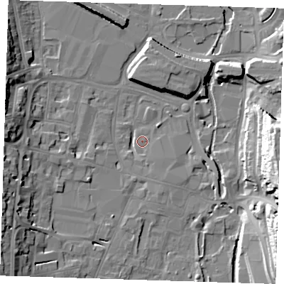 Shaded relief map of the ground around DA11EH, computed from Environment Agency LiDAR. The ground here sits at about 5 m above sea level and falls 28 m across the surrounding 800 m. Surface water reaching this point runs off ground lying to the south-south-east, 1.5 m higher.