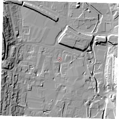 Shaded relief map of the ground around DA11EJ, computed from Environment Agency LiDAR. The ground here sits at about 4 m above sea level and falls 23 m across the surrounding 800 m. Surface water reaching this point runs off ground lying to the east, 23.1 m higher.