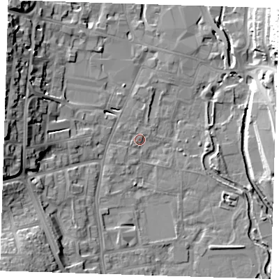 Shaded relief map of the ground around DA11EL, computed from Environment Agency LiDAR. The ground here sits at about 5 m above sea level and falls 23 m across the surrounding 800 m. Surface water reaching this point runs off ground lying to the north-east, 18.0 m higher.