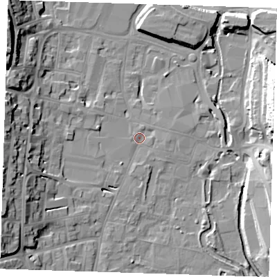 Shaded relief map of the ground around DA11EN, computed from Environment Agency LiDAR. The ground here sits at about 6 m above sea level and falls 24 m across the surrounding 800 m. Surface water reaching this point runs off ground lying to the west-south-west, 17.9 m higher.