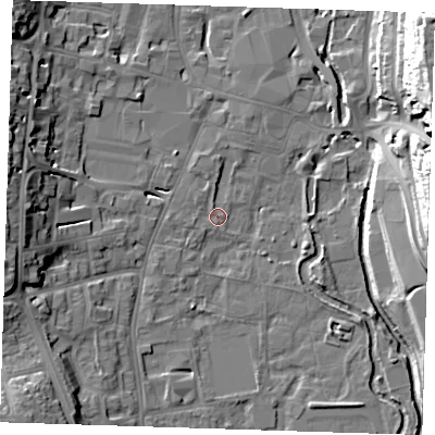 Shaded relief map of the ground around DA11EP, computed from Environment Agency LiDAR. The ground here sits at about 6 m above sea level and falls 27 m across the surrounding 800 m. Surface water reaching this point runs off ground lying to the east-north-east, 25.8 m higher.
