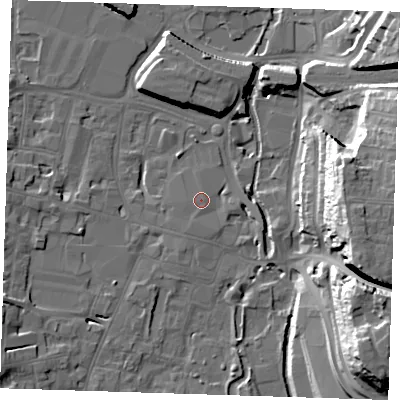 Shaded relief map of the ground around DA11ER, computed from Environment Agency LiDAR. The ground here sits at about 6 m above sea level and falls 31 m across the surrounding 800 m. Surface water reaching this point runs off ground lying to the south-south-west, 0.6 m higher.