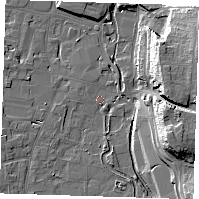 Shaded relief map of the ground around DA11ET, computed from Environment Agency LiDAR. The ground here sits at about 5 m above sea level and falls 31 m across the surrounding 800 m. Surface water reaching this point runs off ground lying to the south-west, 2.8 m higher.