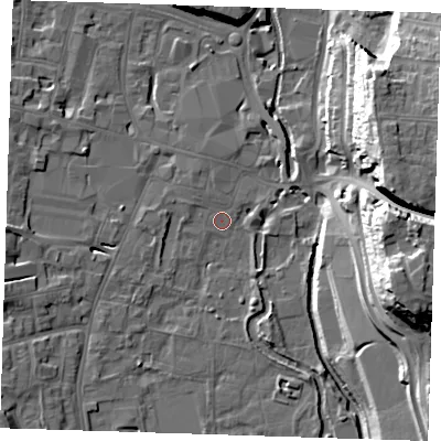 Shaded relief map of the ground around DA11EU, computed from Environment Agency LiDAR. The ground here sits at about 5 m above sea level and falls 29 m across the surrounding 800 m. Surface water reaching this point runs off ground lying to the south-west, 2.8 m higher.