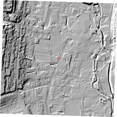 Shaded relief map of the ground around DA11EW, computed from Environment Agency LiDAR. The ground here sits at about 6 m above sea level and falls 22 m across the surrounding 800 m. Surface water reaching this point runs off ground lying to the west, 21.6 m higher.