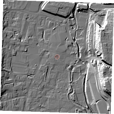 Shaded relief map of the ground around DA11EX, computed from Environment Agency LiDAR. The ground here sits at about 6 m above sea level and falls 31 m across the surrounding 800 m. Surface water reaching this point runs off ground lying to the north-west, 0.6 m higher.