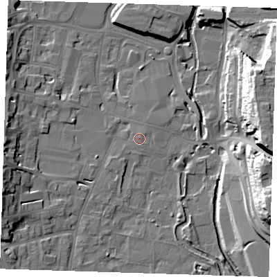 Shaded relief map of the ground around DA11EY, computed from Environment Agency LiDAR. The ground here sits at about 6 m above sea level and falls 31 m across the surrounding 800 m. The ground contributing surface water to this point lies to the north-east.