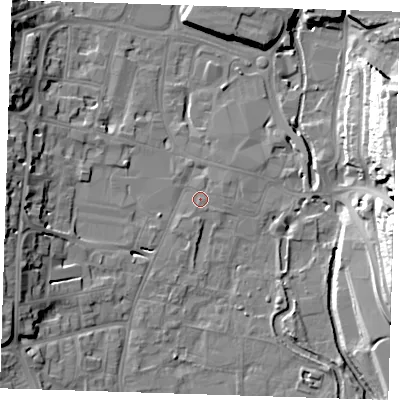 Shaded relief map of the ground around DA11EZ, computed from Environment Agency LiDAR. The ground here sits at about 6 m above sea level and falls 29 m across the surrounding 800 m. Surface water reaching this point runs off ground lying to the east, 0.9 m higher.