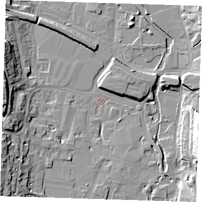 Shaded relief map of the ground around DA11GA, computed from Environment Agency LiDAR. The ground here sits at about 4 m above sea level and falls 24 m across the surrounding 800 m. Surface water reaching this point runs off ground lying to the east-south-east, 23.6 m higher.