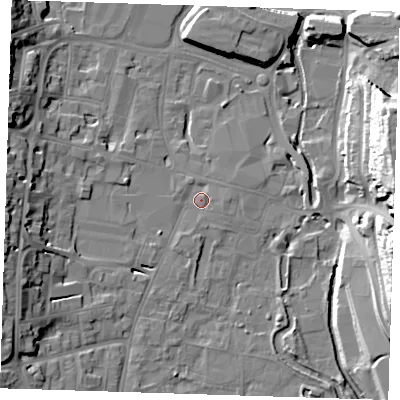 Shaded relief map of the ground around DA11HA, computed from Environment Agency LiDAR. The ground here sits at about 6 m above sea level and falls 29 m across the surrounding 800 m. Surface water reaching this point runs off ground lying to the east, 1.7 m higher.