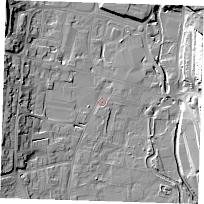Shaded relief map of the ground around DA11HD, computed from Environment Agency LiDAR. The ground here sits at about 6 m above sea level and falls 25 m across the surrounding 800 m. Surface water reaching this point runs off ground lying to the west-south-west, 17.7 m higher.