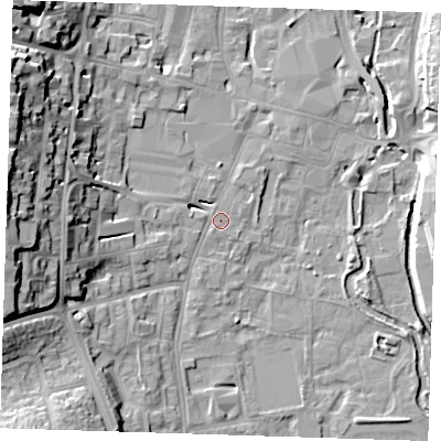 Shaded relief map of the ground around DA11HJ, computed from Environment Agency LiDAR. The ground here sits at about 6 m above sea level and falls 22 m across the surrounding 800 m. Surface water reaching this point runs off ground lying to the west, 17.8 m higher.