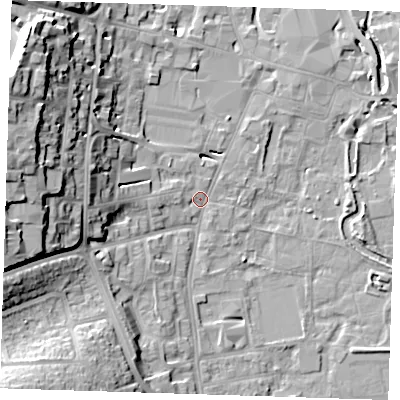 Shaded relief map of the ground around DA11HP, computed from Environment Agency LiDAR. The ground here sits at about 6 m above sea level and falls 24 m across the surrounding 800 m. Surface water reaching this point runs off ground lying to the west-north-west, 19.4 m higher.