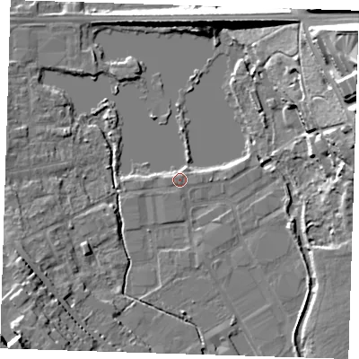 Shaded relief map of the ground around DA11JA, computed from Environment Agency LiDAR. The ground here sits at about 8 m above sea level and falls 31 m across the surrounding 800 m. Surface water reaching this point runs off ground lying to the east, 2.9 m higher.